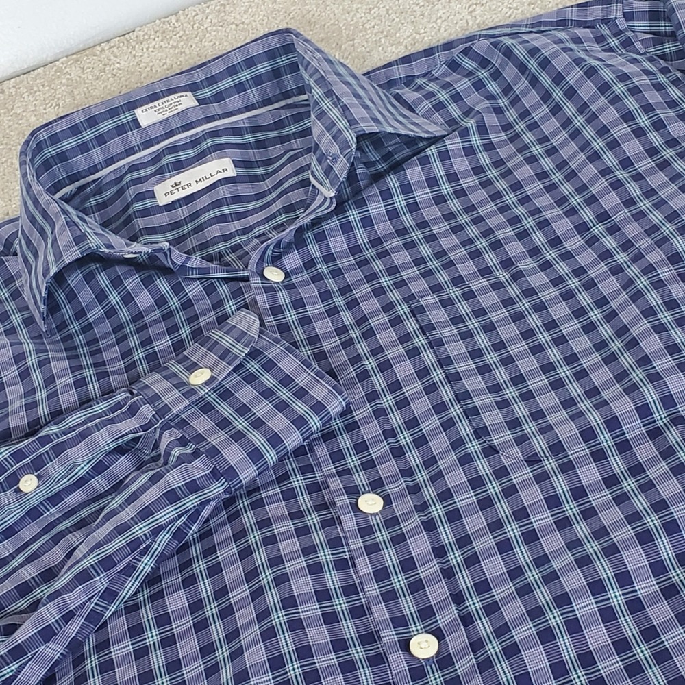 Peter Millar Button Down Shirt Men's XXL Blue Plaid Long Sleeve BROKEN BUTTON